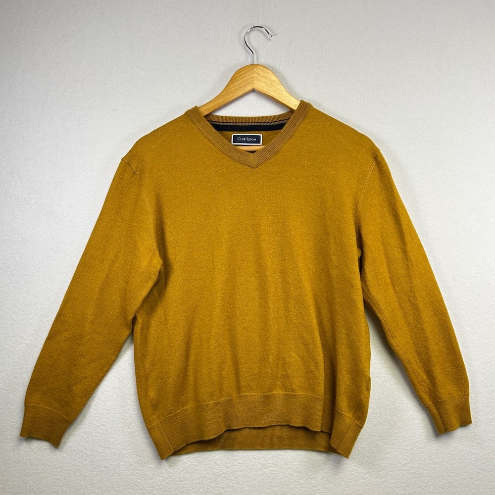 Club Room Men V Neck Sweater Mustard Yellow Merino Wool Blend Size L